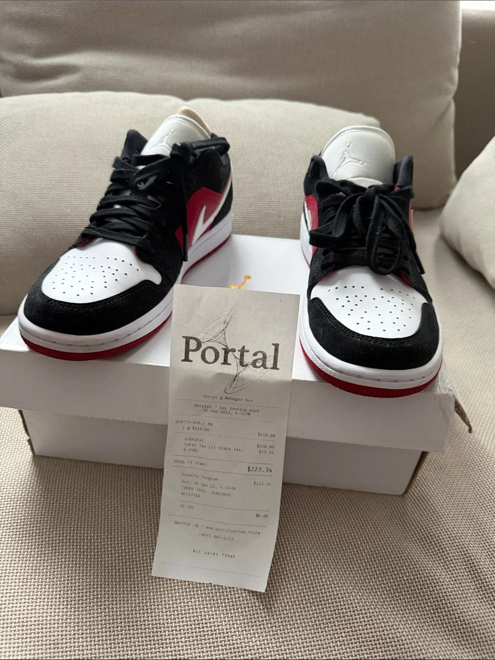 Jordan Low-Top Sneakers in White, Black & Red